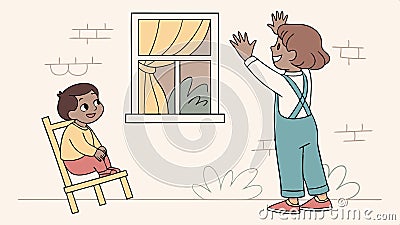 Child waving from window, indoor scene and communication vector design Generative AI Vector Illustration