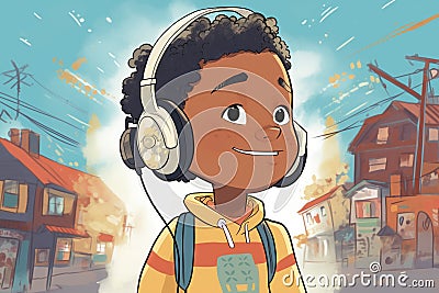 child wearing a headset for an audio tour Stock Photo