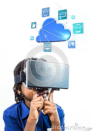 Child wearing VR Virtual Reality Headset with Interface Stock Photo