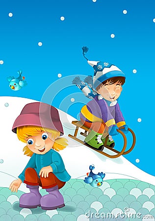 The child in the winter on the sledge Cartoon Illustration