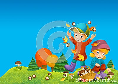 The child in the wood - mushrooming - or autumn Cartoon Illustration