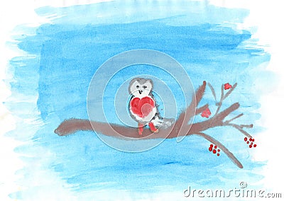 Child's drawing of bullfinch on the branch Stock Photo