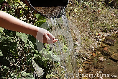 child& x27;s hand under running water. Pure running mountain water from a natural source. Stock Photo