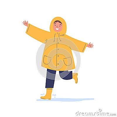 Child in a yellow raincoat runs in the rain. Vector Illustration