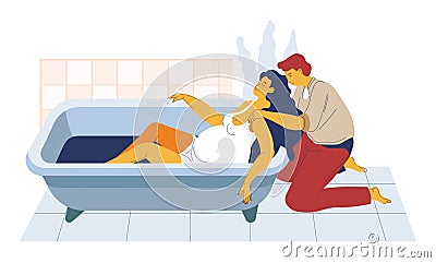 Childbirth in bath, pregnant woman in tub and supporting man Vector Illustration