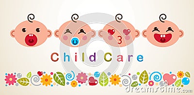 Childcare vector illustration with babies showing different emotions, vector flat style design. Vector Illustration