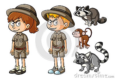 Childen in safari outfit with wild animals Vector Illustration