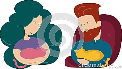 Childfree with cats - happy people without children caress cats Vector Illustration