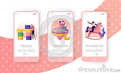 Childhood Activity Mobile App Page Onboard Screen Set. Characters Building Constructor Blocks, Riding Wooden Horse Vector Illustration