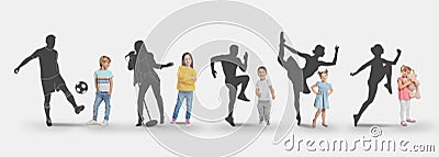 Childhood dreams. Little kids against silhouettes of soccer player, singer, runners and ballet dancer Stock Photo