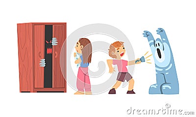 Childhood Fear with Scary Monster in Wardrobe Frightening Little Boy and Girl Vector Set Stock Photo