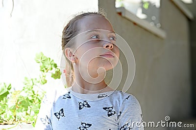 Childhood and freshness. Little girl with young skin on spring or summer day. Child with cute face outdoor. Beauty kid with fresh Stock Photo