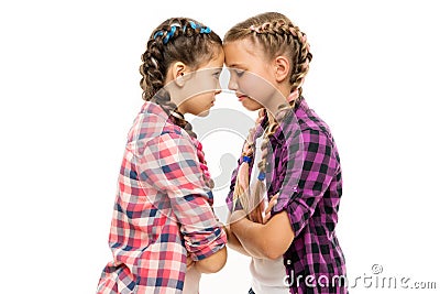 Childhood friends. Little friends isolated on white. Small friends wear long plait hair. Beauty look of adorable girls Stock Photo