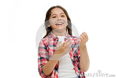 Childhood and happiness concept. Kid with cheerful face and brilliant smile isolated on white. Emotions concept. Sincere Stock Photo