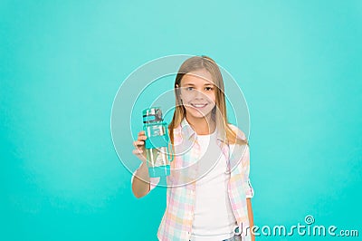 Childhood happiness. small girl child with perfect hair. small kid fashion. Happy little girl. feeling thirsty. kid Stock Photo