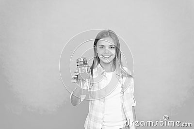 Childhood happiness. small girl child with perfect hair. small kid fashion. Happy little girl. feeling thirsty. kid Stock Photo