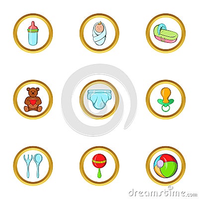 Childhood icon set, cartoon style Vector Illustration