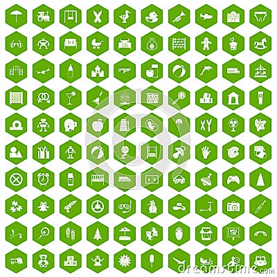 100 childhood icons hexagon green Vector Illustration