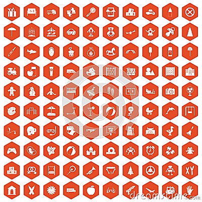 100 childhood icons hexagon orange Vector Illustration