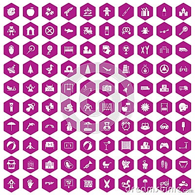 100 childhood icons hexagon violet Vector Illustration