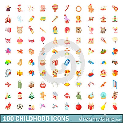 100 childhood icons set, cartoon style Vector Illustration