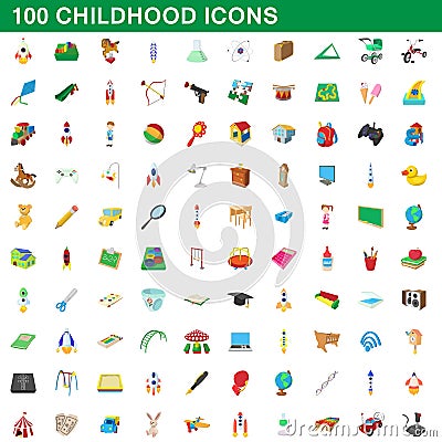 100 childhood icons set, cartoon style Vector Illustration