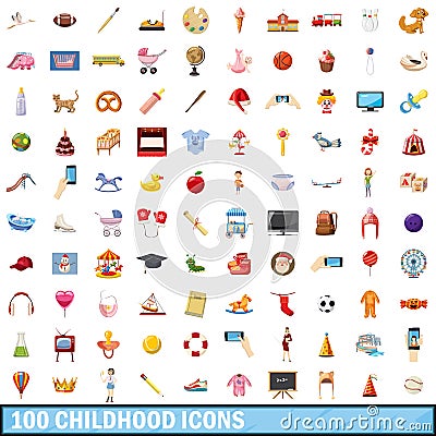 100 childhood icons set, cartoon style Vector Illustration