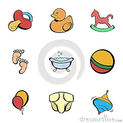 Childhood icons set, cartoon style Vector Illustration