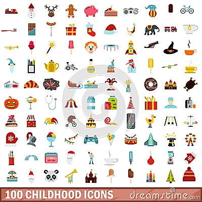 100 childhood icons set, flat style Vector Illustration