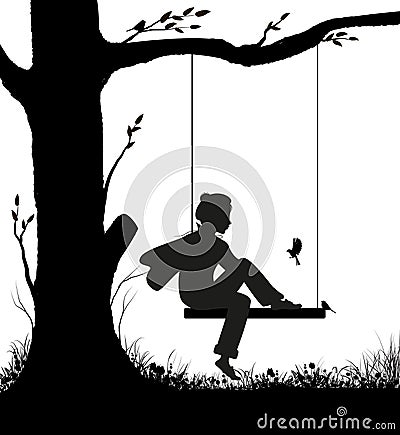 Childhood memories, boy sitting on the swing and looking at the titmouse birds, dreamy park scene in black and white Vector Illustration