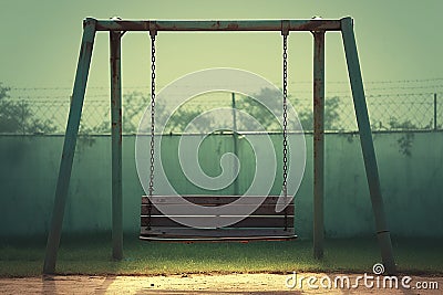 Childhood memories Empty swing sways quietly in the deserted playground Stock Photo