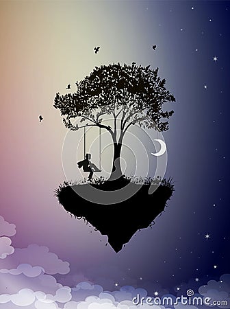 Childhood memories, piece of childhood on the fairy sky, boy on swing, silhouette scene in the dreamland, Vector Illustration