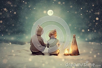 night snow moon magic christmas year claus child holiday winter. Generative AI. Stock Photo