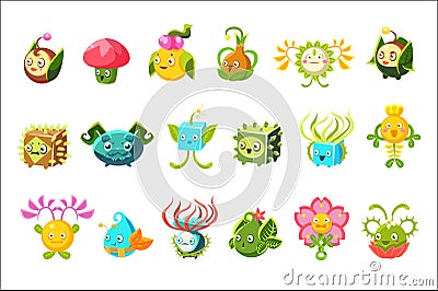 Childish Alien Fantastic Alive Plants Emoji Characters Collection Of Vector Fantasy Vegetation Vector Illustration