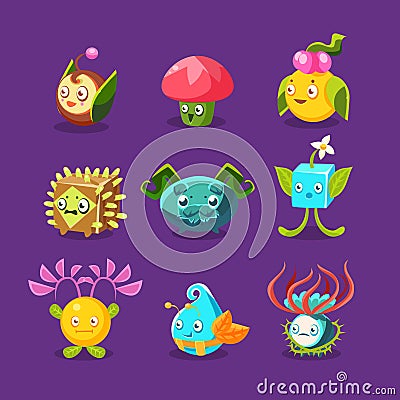 Childish Alien Fantastic Alive Plants Emoji Characters Collection Of Vector Fantasy Vegetation Vector Illustration