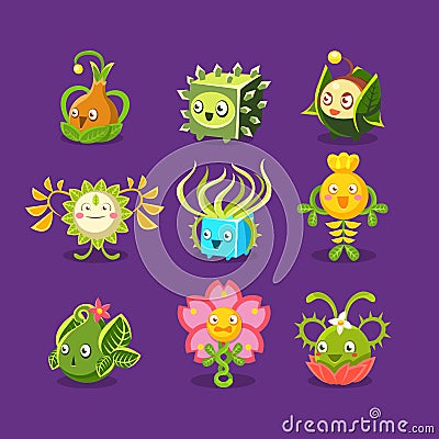 Childish Alien Fantastic Alive Plants Emoji Characters Set Of Vector Fantasy Vegetation Vector Illustration