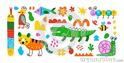 Childish animals. Doodle figure characters. Cute fun children imagination. Funny monster. Color crocodile. Bee and tiger Vector Illustration