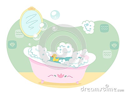 Childish bathroom modern interior design background. Washing in bath with soap, foam, toy duck and flying bubbles Vector Illustration