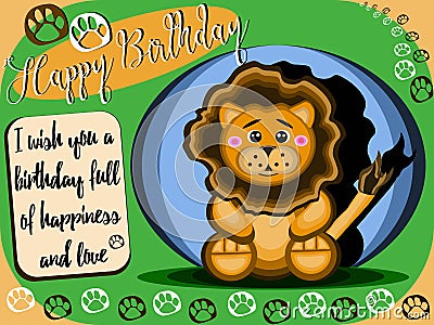 Childish birthday card of a cute stuffed elephant sitting for children with blue and green plus yellow stars in vector Vector Illustration