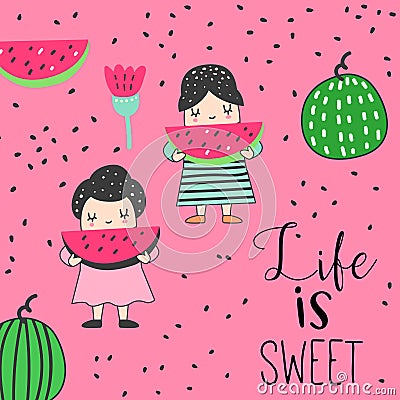 Childish Card with Cute Girls and Watermelons. Colourful Creative Kids Background for Greetings, Decoration Vector Illustration