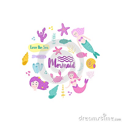 Childish Card with Cute Mermaids Vector Illustration