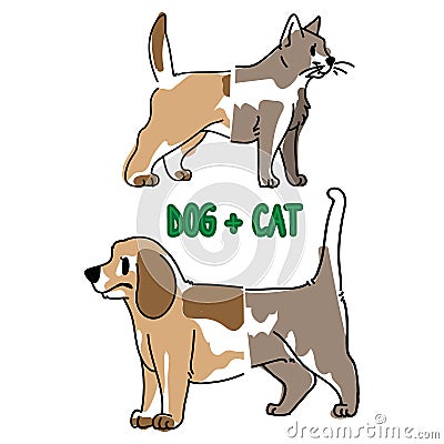 Childish cat and dog animal splice vector illustration. Hand drawn doodle inked pet creature mixture, trendy feline and Vector Illustration