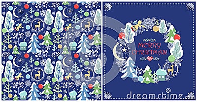 Childish Christmas greeting design with seamless wallpaper and Xmas wreath Vector Illustration