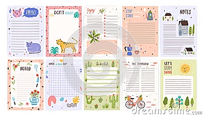 Childish cute agenda set, appointment notebook page with place for text. Empty sheets for to do list decorated with Vector Illustration