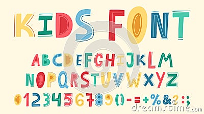 Childish cute alphabet. Hand drawn baby funky ABC, doodle letters, numbers and sight. Nursery bright alphabet vector Vector Illustration
