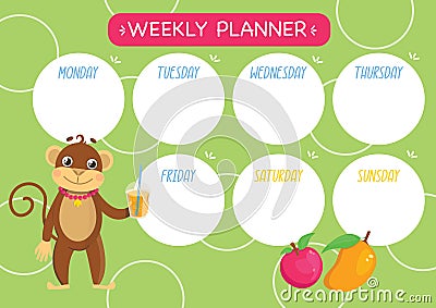 Childish cute week planner. Horizontal. With a cute Monkey character and a cocktail. Vector Illustration