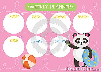 Childish cute week planner. Horizontal. With a cute Panda character and an inflatable ring. Vector Illustration