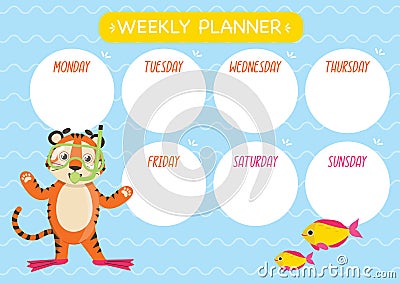 Childish cute week planner. Horizontal. With cute Tiger character, swimming mask and fins. Vector Illustration