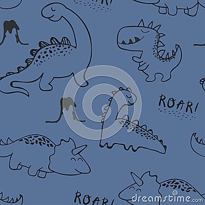 Childish dinosaur seamless pattern for fashion clothes, fabric, t shirts. hand drawn vector Vector Illustration