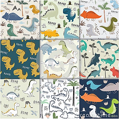 Childish dinosaur seamless pattern set for fashion clothes, fabric, t shirts. vector Vector Illustration